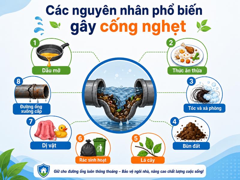 Tổng hợp các nguyên nhân quen thuộc gây cống nghẹt như dầu mỡ, thức ăn thừa, tóc hay rác sinh hoạt.