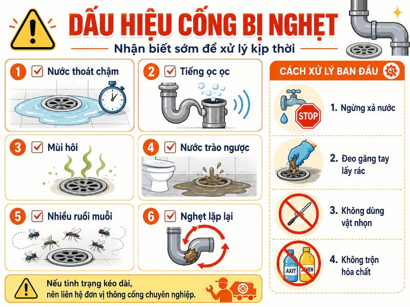 Nhận biết sớm các dấu hiệu cống nghẹt và hướng dẫn cách xử lý sự cố ban đầu một cách an toàn