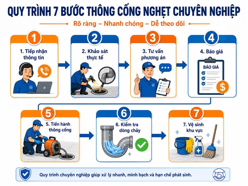 Quy trình thông cống nghẹt 7 bước chuyên nghiệp, minh bạch từ khâu khảo sát đến khi vệ sinh hoàn thiện.