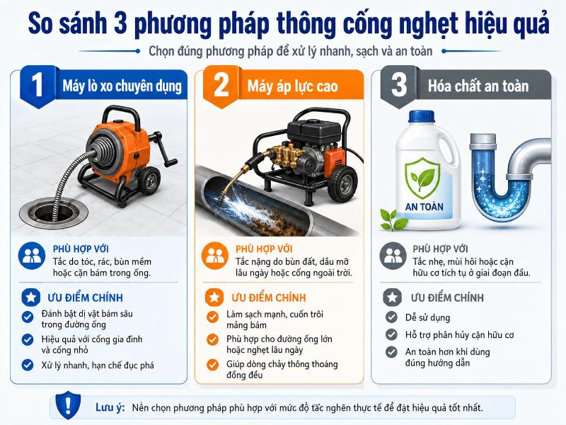 So sánh chi tiết ưu điểm của 3 phương pháp thông cống: máy lò xo, máy áp lực cao và hóa chất an toàn.