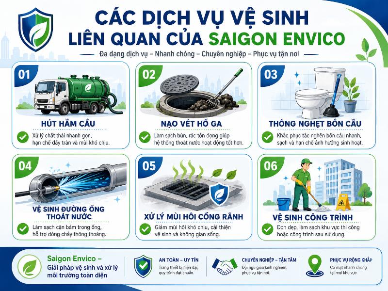 Đa dạng các dịch vụ vệ sinh môi trường tại Saigon Envico, giúp hệ thống thoát nước vận hành ổn định.